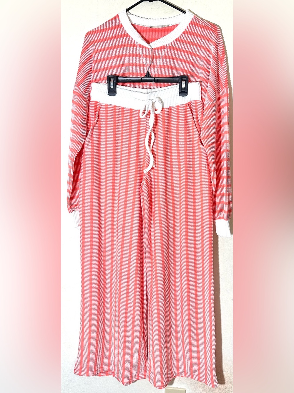 Zenana Raised Rib Striped Pullover & Wide Leg Pants Set Women’s Coral - Picture 2 of 9